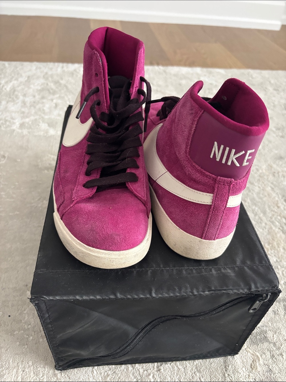 Nike Women’s Magenta Suede High-Top Sneakers with White Swoosh
